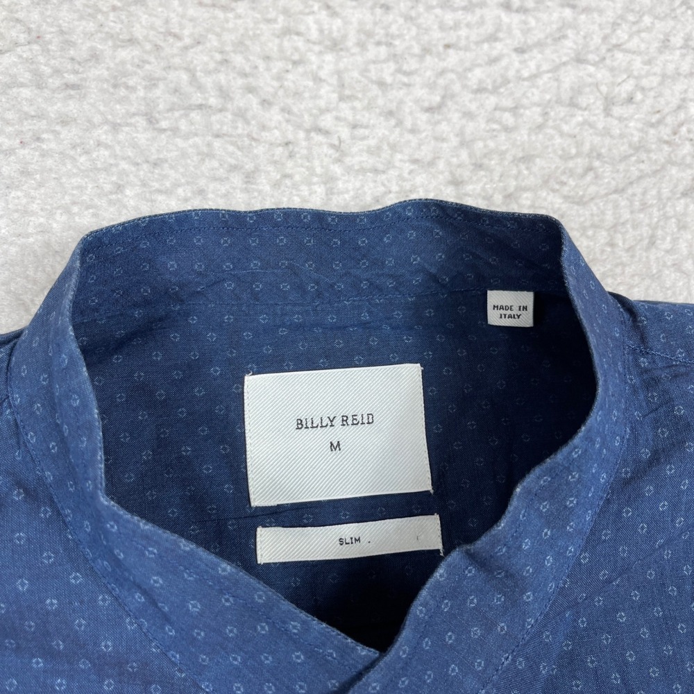 Billy Reid Shirt Mens Medium Blue Slim Fit Band Collar Microprint Made in Italy - Picture 3 of 9